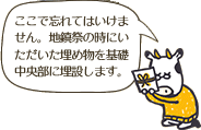 ここで忘れてはいけません。地鎮祭の時にいただいた埋め物を基礎中央部に埋設します。